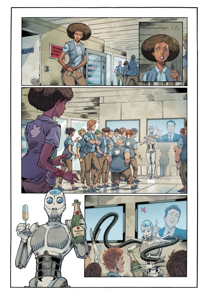 A comic panel featuring a teenager with curly hair standing near a vending machine, while a group of students gathers in the background. Another panel shows the same teenager looking surprised, gesturing towards a screen displaying a robot. The bottom section depicts a robot with a champagne bottle and glass, interacting with students who are watching the screen.