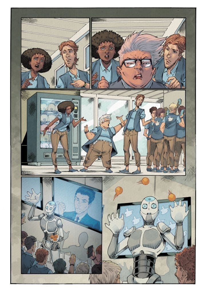 A group of diverse characters in casual attire reacts in surprise to a vending machine and a robot. The robot displays a video of a man while juggling oranges. The scene depicts various emotions among the characters, including confusion and surprise.
