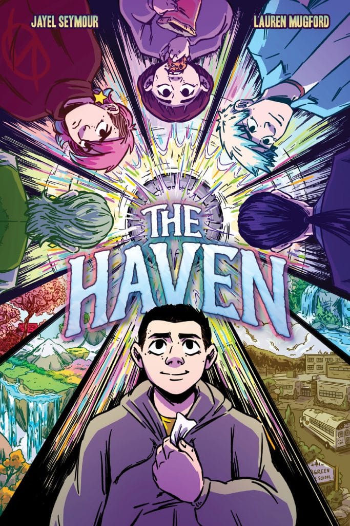 Cover of 'The Haven' featuring a boy in a hoodie holding a piece of paper, surrounded by colorful, illustrated characters and vibrant backgrounds representing different landscapes.