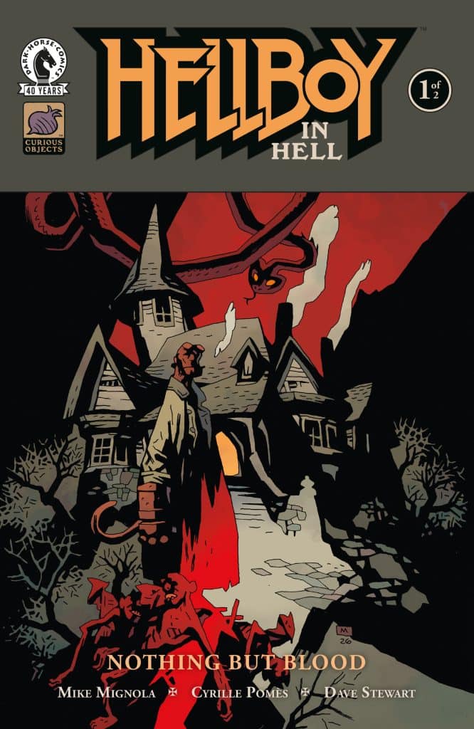 Cover art for 'Hellboy in Hell' comic, featuring a prominent Hellboy character in a dark, eerie landscape with a haunted house and ominous red tones.
