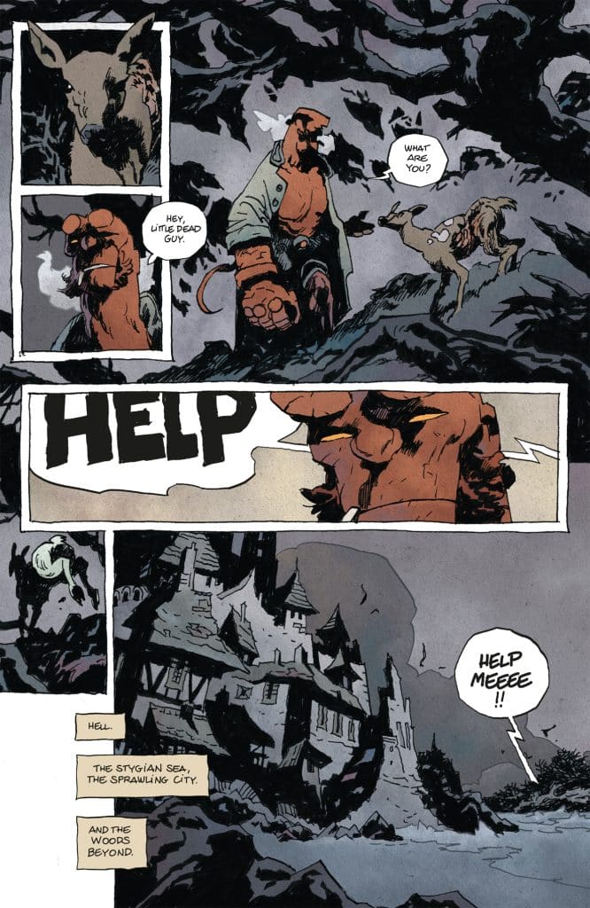 A comic book page featuring a muscular character with horns and a beard interacting with a small creature in a dark forest. The character says, 'What are you?' while the creature appears distressed. The page includes speech bubbles with the word 'HELP' prominently displayed and a caption describing the scene as 'Hell, the Stygian sea, the sprawling city, and the woods beyond.'