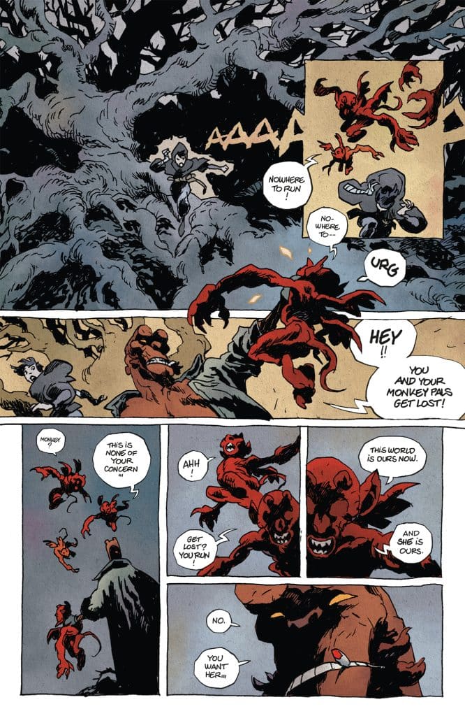A comic panel depicting a character in a dark forest being confronted by mischievous creatures. The character, seemingly frightened, is looking for a way to escape as the creatures taunt them.
