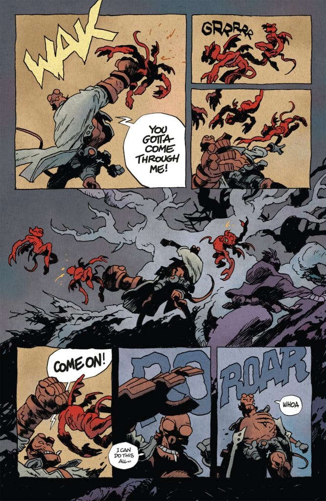 A comic panel depicting a character with a robotic arm battling small red creatures amidst a dark, chaotic background. The character expresses determination with speech bubbles.