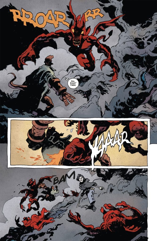 A comic panel featuring a fierce red monster with sharp features and claws, roaring loudly. In the foreground, a cloaked character gestures towards the monster with a determined expression. The background is filled with dark clouds and an intense atmosphere. Another panel shows the same monster amidst other creatures in a chaotic scene, while a character in a gray outfit stands firm, indicating a battle.
