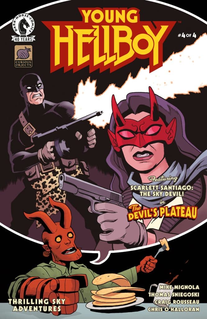 Comic book cover for 'Young Hellboy' featuring characters including Young Hellboy and Scarlett Santiago, with action elements and vibrant colors.