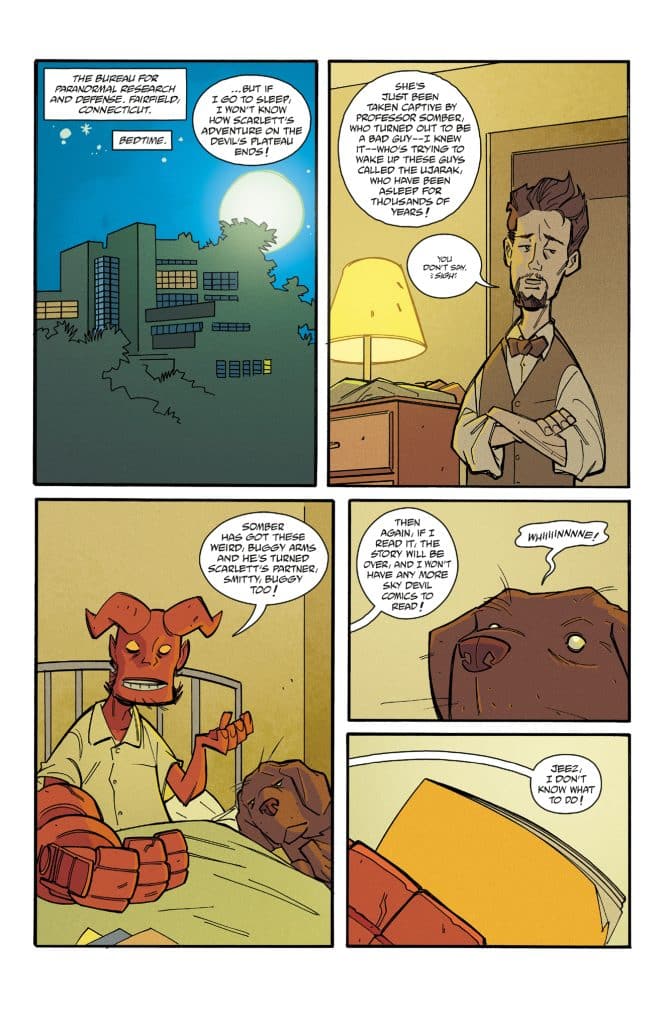 A comic panel featuring a humanoid character with a red face and robotic arm talking to a worried looking man in a bed, while a dog listens. The scene takes place at night with a window showing the moon and a building outside.