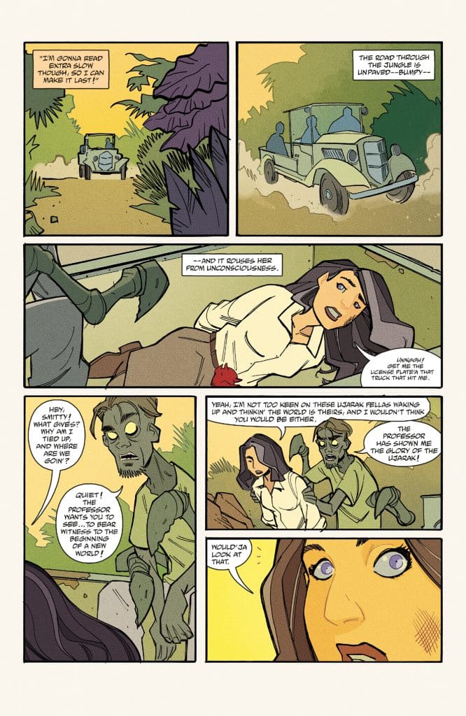 A comic book panel depicting two characters in a dense jungle: one character is a woman waking up from unconsciousness, and the other is a zombie-like figure speaking to her. There are vintage vehicles in the background.