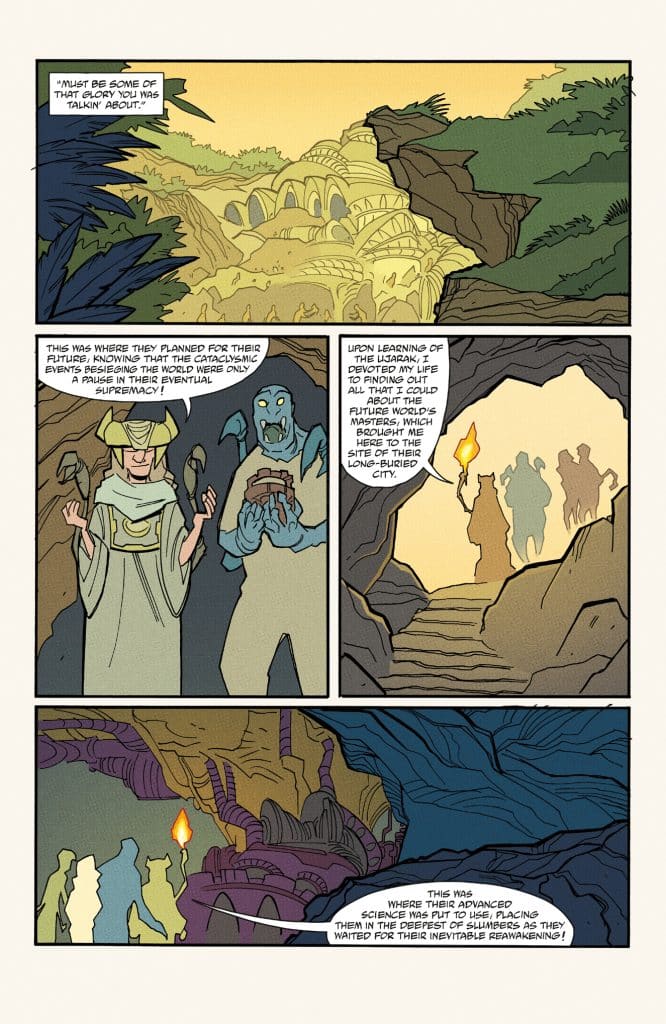 A comic book panel depicting a mystical cave setting with characters discussing their future and plans for supremacy, featuring a background of ancient ruins and a staircase leading deeper into the cave.