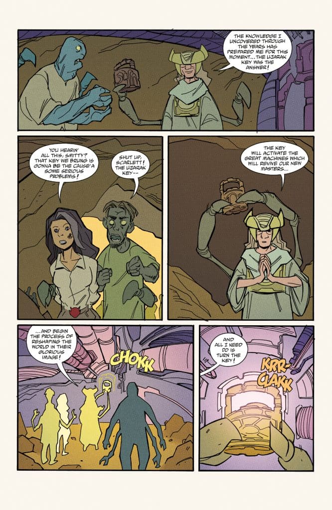 Comic panel depicting various characters in a mysterious underground setting, discussing a significant key and its potential consequences. One character holds an ancient artifact, while another expresses concern about the key's power.