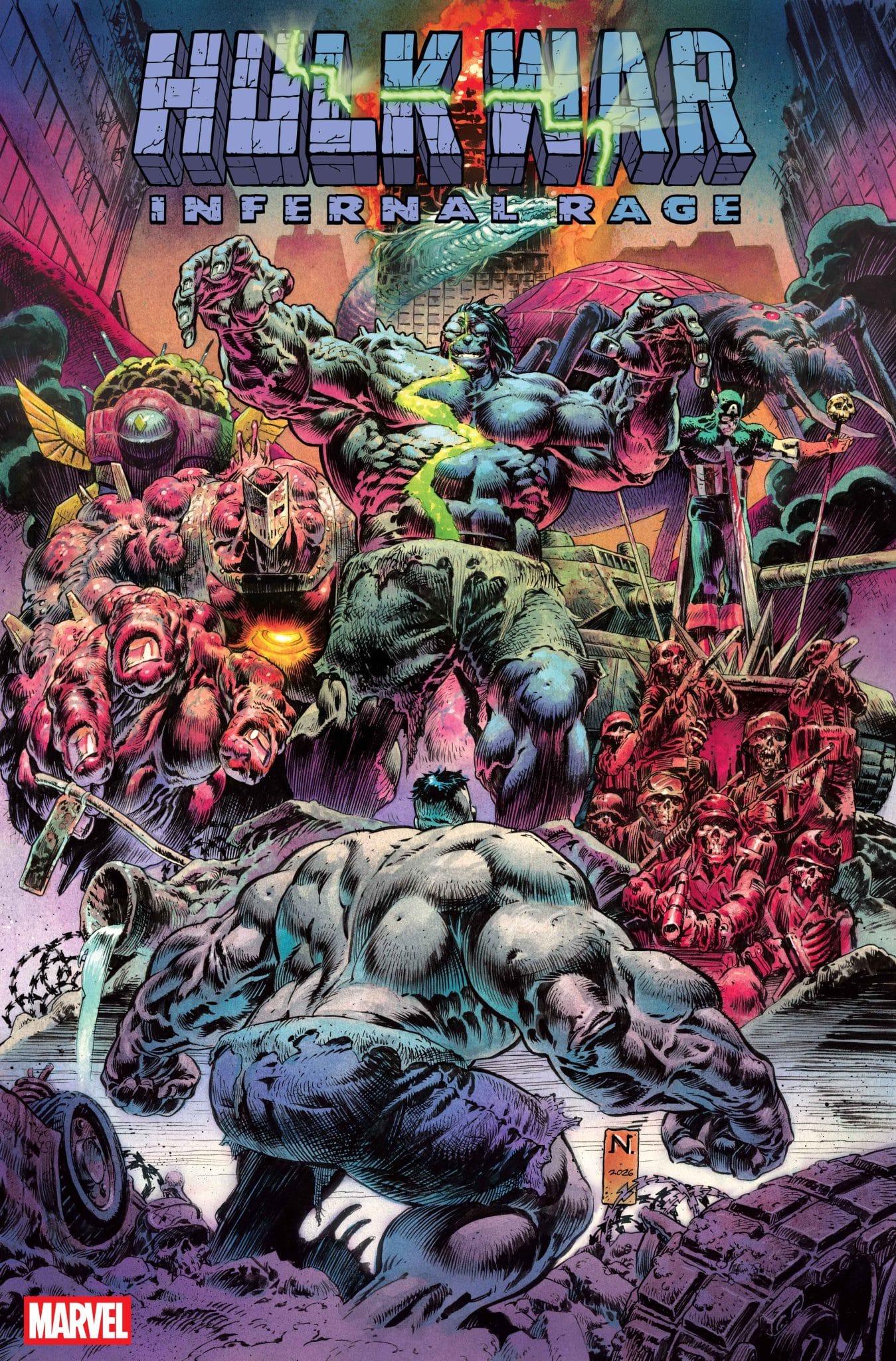 Comic cover for 'Hulk War: Infernal Rage' featuring the Hulk in a dynamic pose, surrounded by various antagonists and combatants against a colorful, chaotic background.