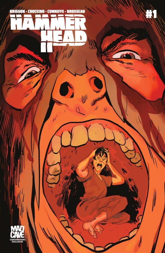 Comic book cover for 'Hammer Head II' featuring a large, frightened face with exaggerated features, and a small figure in a panic inside a mouth.