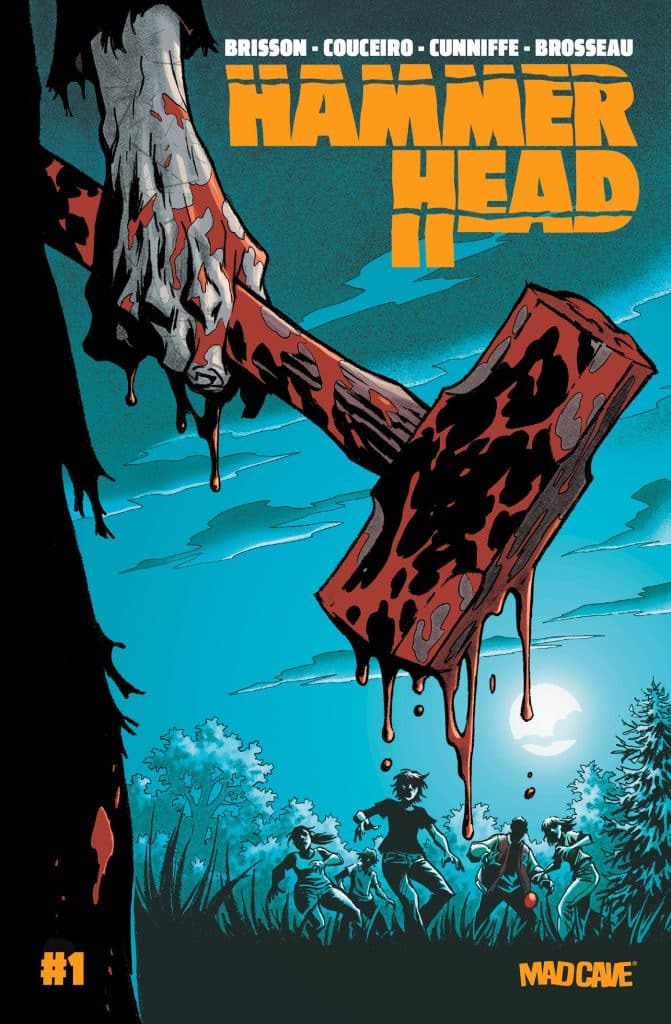 Cover of the comic book 'Hammer Head II' featuring a large bloodied object looming above a group of terrified characters in a dark forest setting under a moonlit sky.