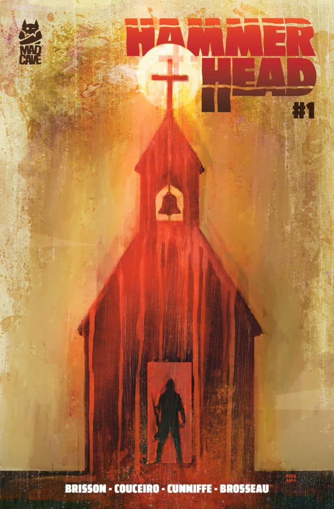 Cover art for 'Hammer Head II' #1 featuring a silhouetted figure standing in front of a red church with a cross, surrounded by a glowing background.