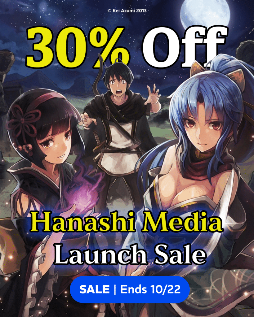 Promotional image featuring three anime characters with a mystical background, advertising a 30% off sale for Hanashi Media, with the sale ending on 10/22.
