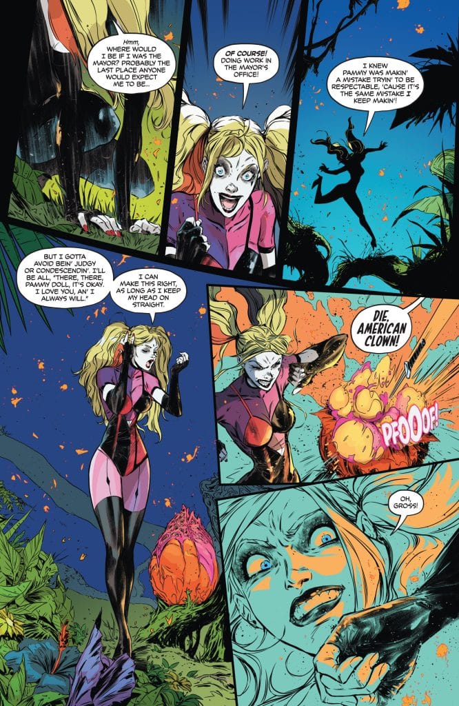 A comic book page featuring two characters, one in a pink and black outfit laughing and gesturing animatedly, while the other character, with a pale complexion, looks surprised and horrified. The background is filled with colorful flora and exaggerated expressions of excitement and disgust.