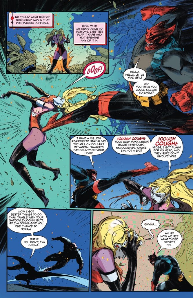 A comic book page featuring a dynamic fight scene between two characters, one dressed in a purple and black costume and the other in a red and black outfit. The character in purple delivers a powerful kick, while the red character appears to be taunting. Dialogue boxes provide humorous commentary amidst the action, with references to toxic substances and a Batman-related joke.