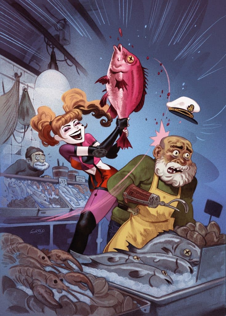 A comic-style illustration featuring a woman with pigtails, dressed in a colorful costume, gleefully holding a large fish. A startled man in an apron and a hat looks shocked beside her, amidst a chaotic fish market filled with various seafood.