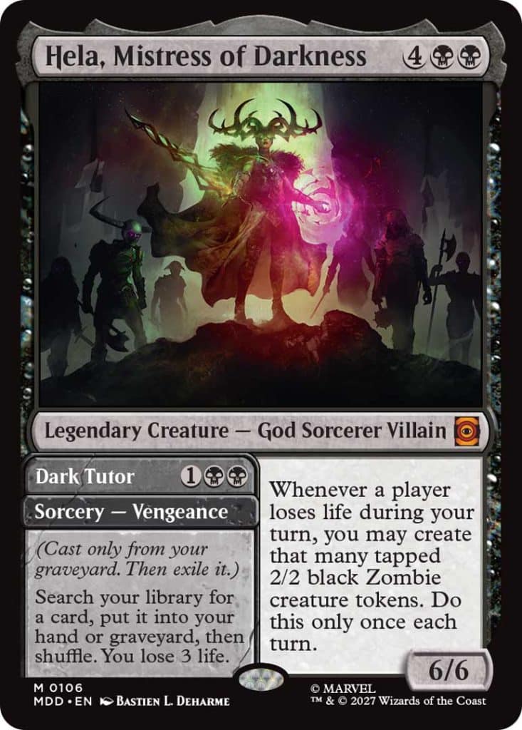 A fantasy trading card featuring Hela, Mistress of Darkness, depicted as a powerful figure surrounded by a mystical aura and dark entities, with text detailing her abilities and stats.