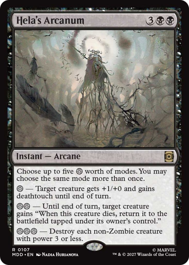 A card titled 'Hela's Arcanum' featuring dark, mystical artwork with a ghostly figure and branches. The card details various abilities for targeting creatures, including boosts, deathtouch, and destruction of non-Zombie creatures.