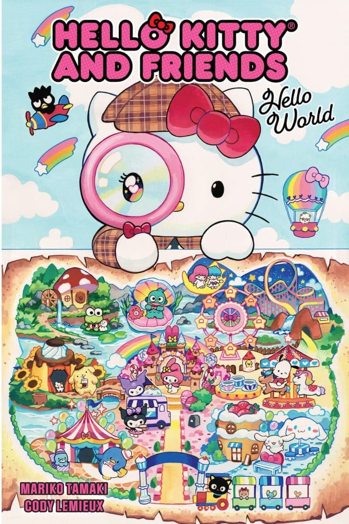 An illustration featuring Hello Kitty with a magnifying glass, accompanied by various colorful characters and settings, including a playful map with attractions like a carnival, castles, and a beach. The title reads 'Hello Kitty and Friends Hello World'.
