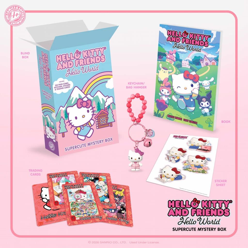 A colorful packaging box labeled 'Hello Kitty and Friends Hello World Supercute Mystery Box' beside various contents including a keychain, trading cards, a book, and a sticker sheet featuring Hello Kitty and friends.