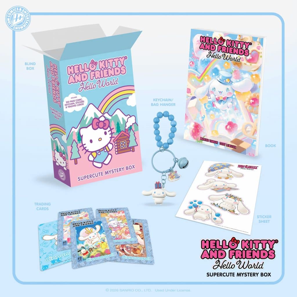 A Hello Kitty and Friends Supercute Mystery Box featuring a colorful design. The box includes a keychain, trading cards, a sticker sheet, and a booklet, all themed around Hello Kitty and friends.