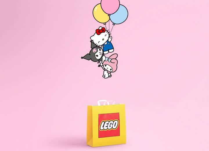 A yellow LEGO shopping bag sits on a pink background, with cartoon characters Hello Kitty and friends holding colorful balloons above it.