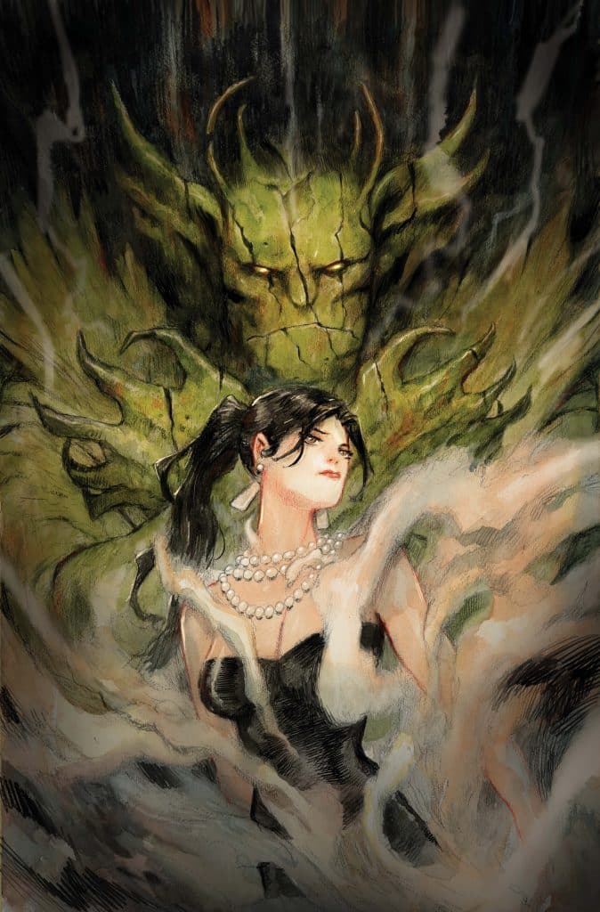 A stylized illustration featuring a woman in a black dress adorned with pearls, emerging from swirling mist, with a green, fantastical creature looming behind her.
