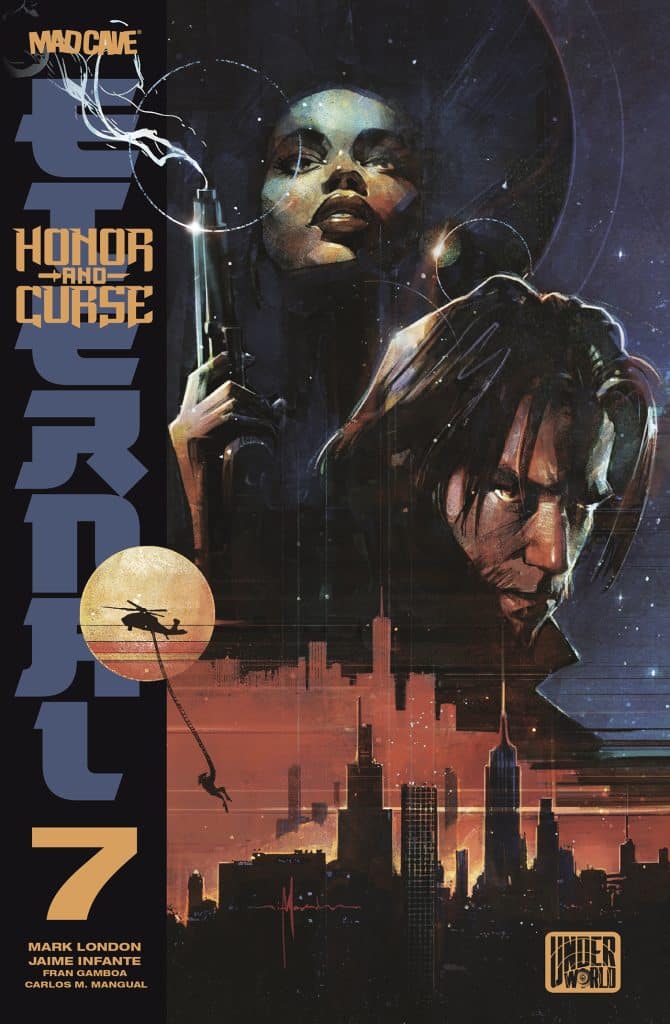 Cover art for 'Eternal' Issue 7, featuring two characters, one holding a gun and another with a serious expression, set against an urban skyline and a stylized golden circle.