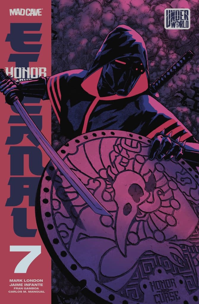 Comic book cover for 'Eternal 7' featuring a cloaked figure holding a sword and shield, with intricate designs in the background.