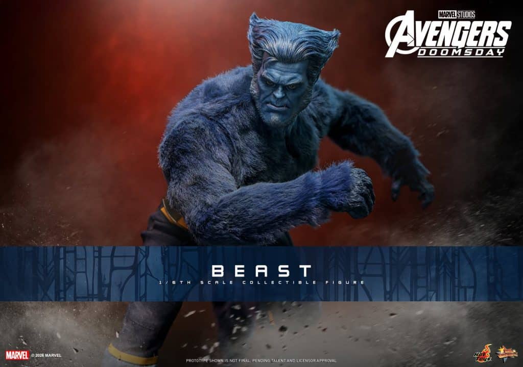 A detailed 1/6th scale collectible figure of the character Beast from Marvel's Avengers, depicted in a dynamic pose with blue fur and a powerful stance against a dramatic background.