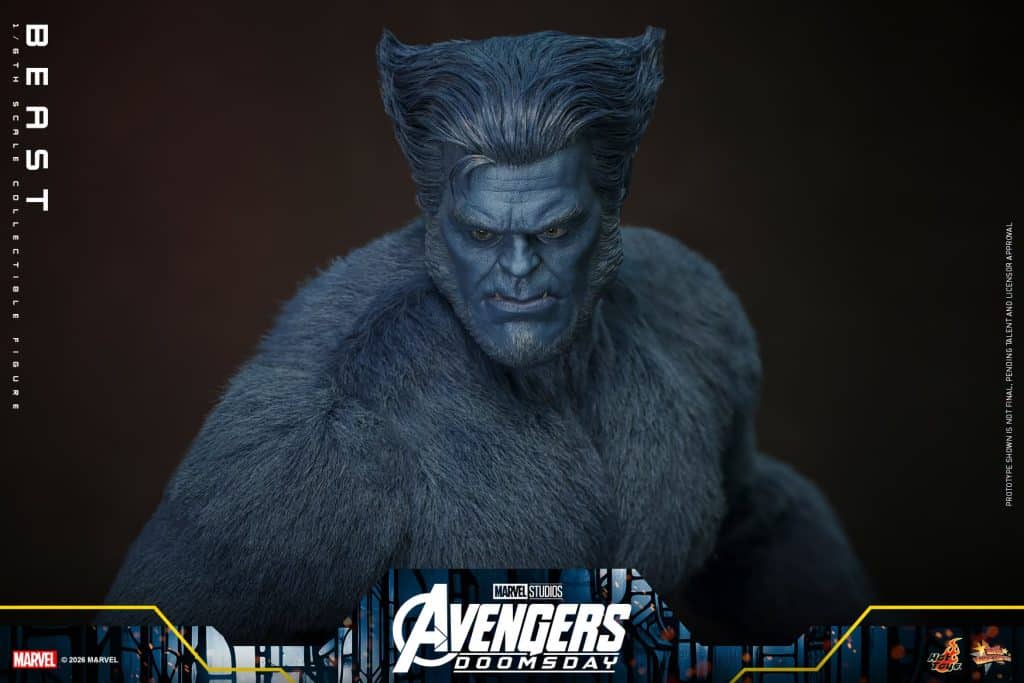 Close-up of a collectible figure of Beast from Marvel's Avengers, showcasing detailed blue fur and facial features.