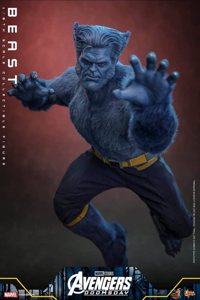 A detailed collectible figure of Beast from Marvel, depicted in a dynamic pose with outstretched hands, showcasing its blue, furry texture and muscular build against a dramatic background.