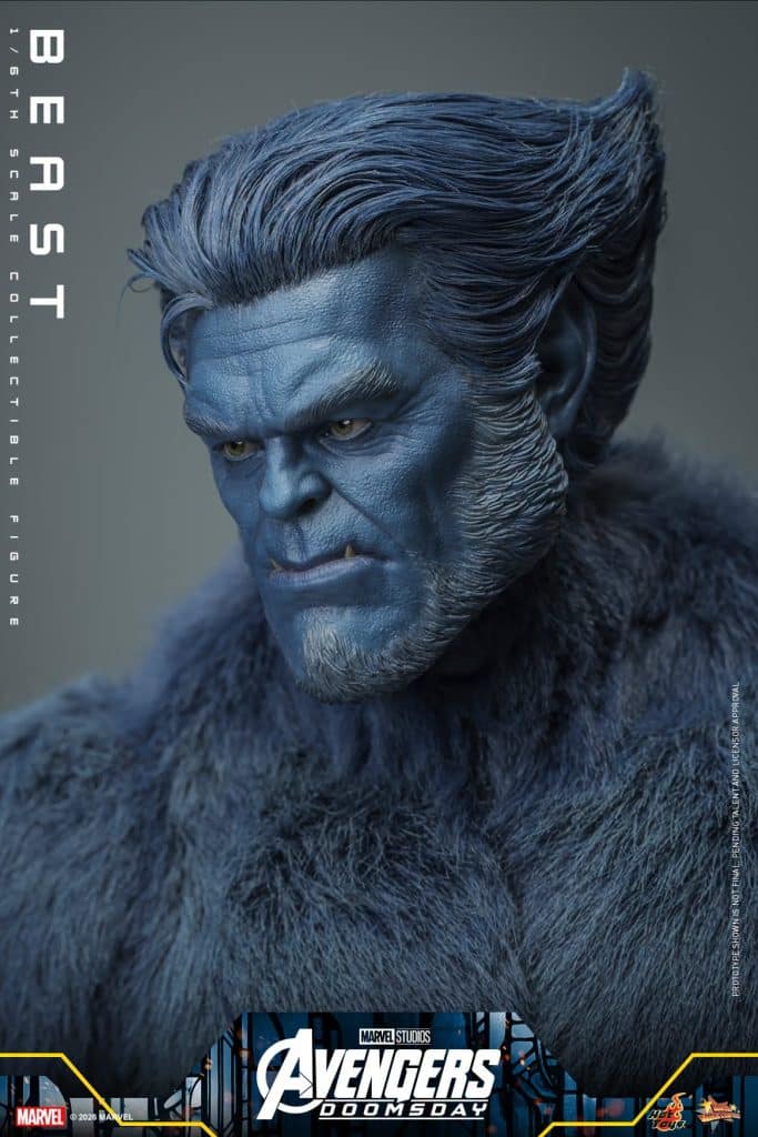 Close-up of a detailed collectible figure of Beast from Marvel's Avengers, featuring blue skin, prominent facial features, and stylized hair.
