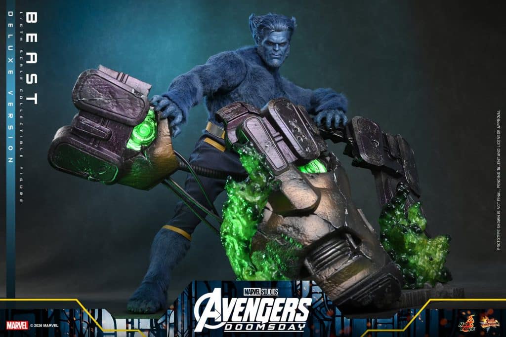 A collectible figure of Beast from Marvel's Avengers, showcasing the character in a dynamic pose with a large, green-glowing mechanical device.
