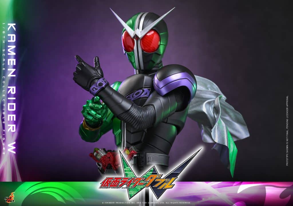 A collectible figure of Kamen Rider W, showcasing the character in a dynamic pose with a green and black color scheme, detailed armor, and a flowing cape, set against a gradient background.