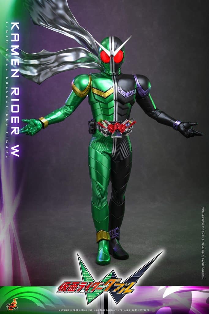 A collectible figure of Kamen Rider W, showcasing a green and black costume with red eyes and a flowing cape.