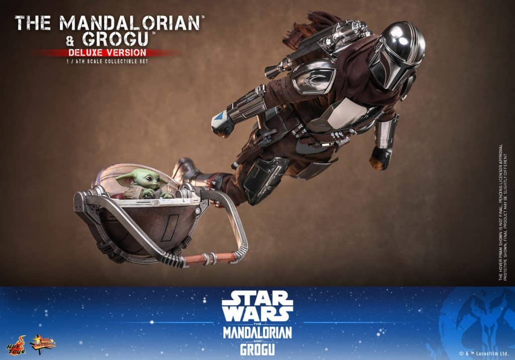 A highly detailed collectible set featuring The Mandalorian in an action pose, alongside Grogu in a hover pod, set against a neutral background.