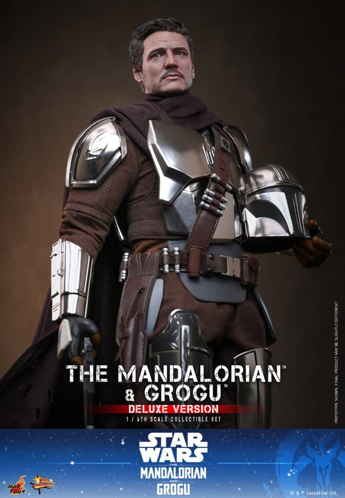 A detailed collectible figure of the Mandalorian character from Star Wars, showcasing intricate armor and attire, set against a dark background.