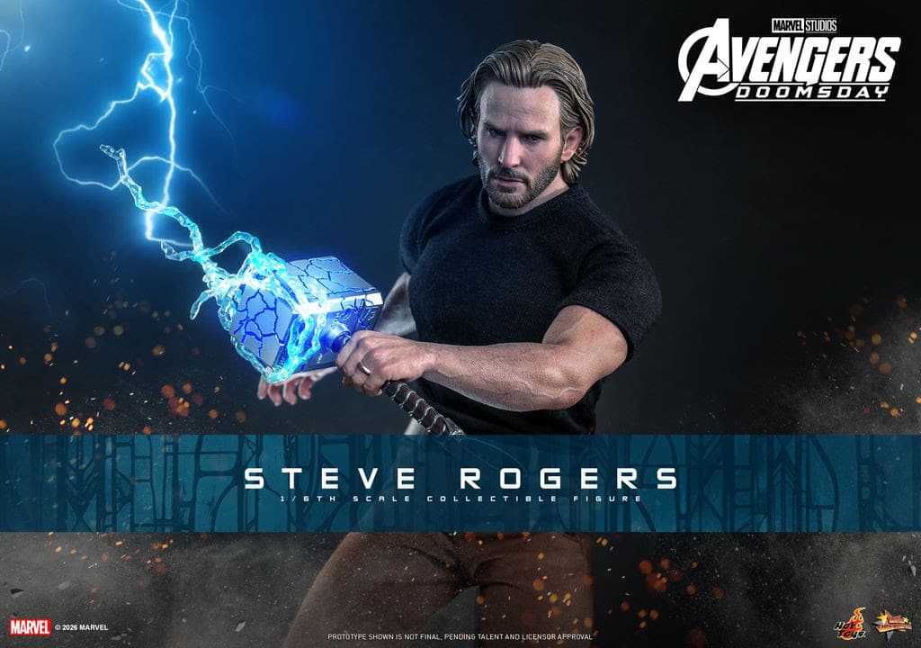 A 1/6 scale collectible figure of a muscular man with long hair, holding a glowing hammer, surrounded by lightning effects, with 'Steve Rogers' displayed prominently.