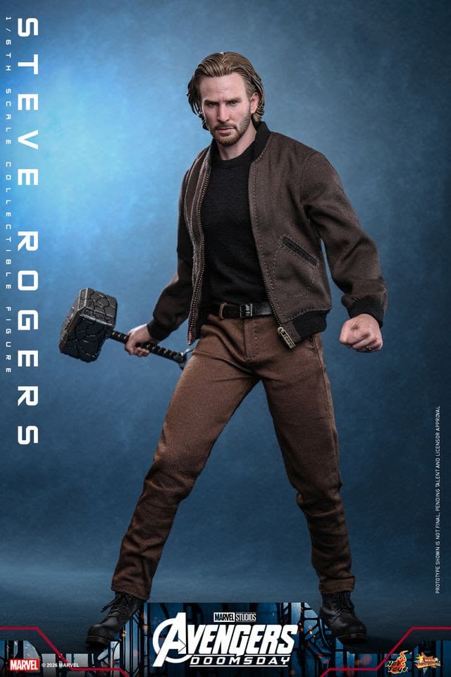A highly detailed collectible figure of Steve Rogers, also known as Captain America, in casual attire, holding a hammer, against a blue background.