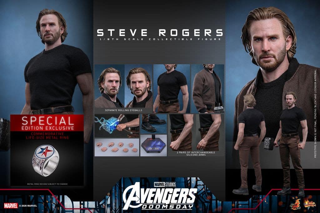 Promotional image showcasing a collectible 1/6th scale figure of Steve Rogers from Marvel's Avengers. Features multiple poses, interchangeable silicone arms, and details like a commemorative life-size metal ring, with text highlighting special edition features.