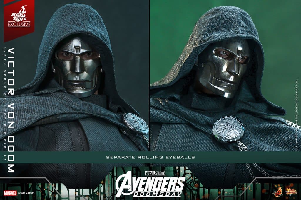 Close-up of a collectible figure of Victor Von Doom, featuring detailed armor and a hood, displayed with separate rolling eyeballs mechanism.