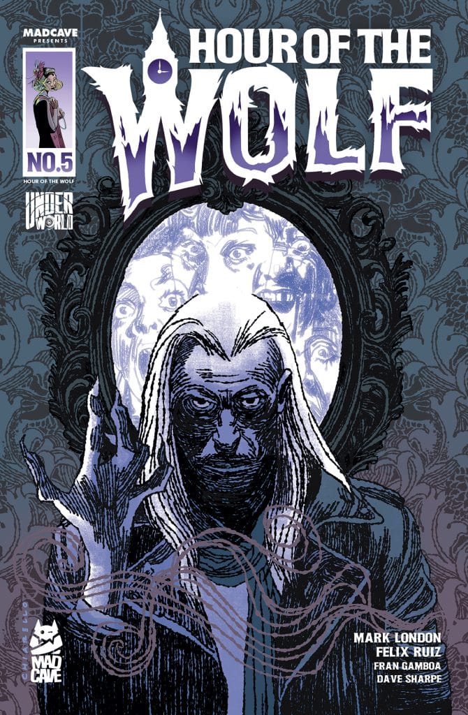 Cover of 'Hour of the Wolf' comic issue number 5 featuring a cloaked figure with long hair and an eerie expression, surrounded by ghostly faces and intricate designs.