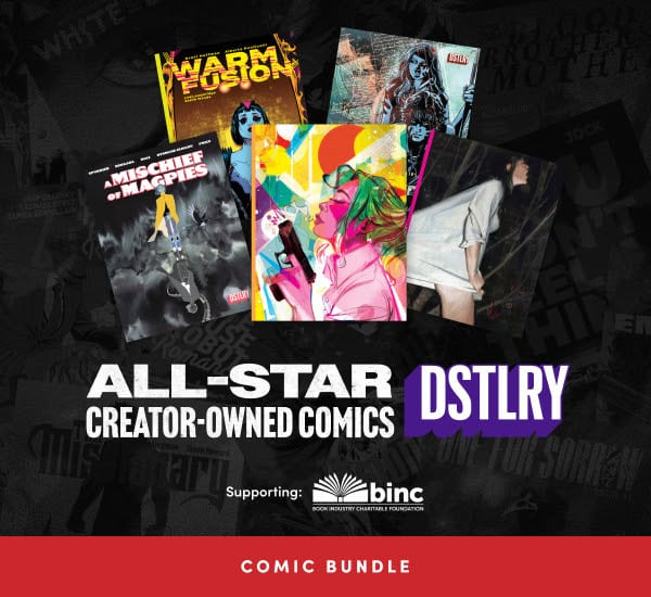 Promotional graphic for the 'All-Star Creator-Owned Comics' comic bundle by DSTLRY, featuring various comic book covers.