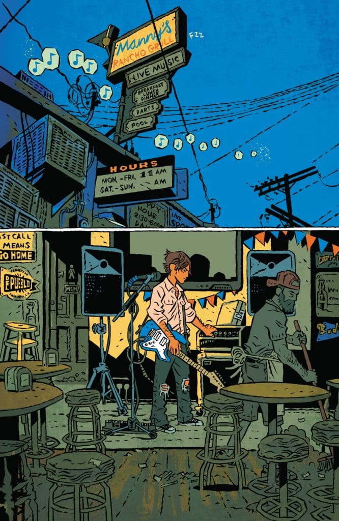 A musician stands with an electric guitar in a dimly lit bar, preparing for a performance. Stools are placed around the room, and a man in an apron cleans in the background. A sign outside indicates it's a live music venue.