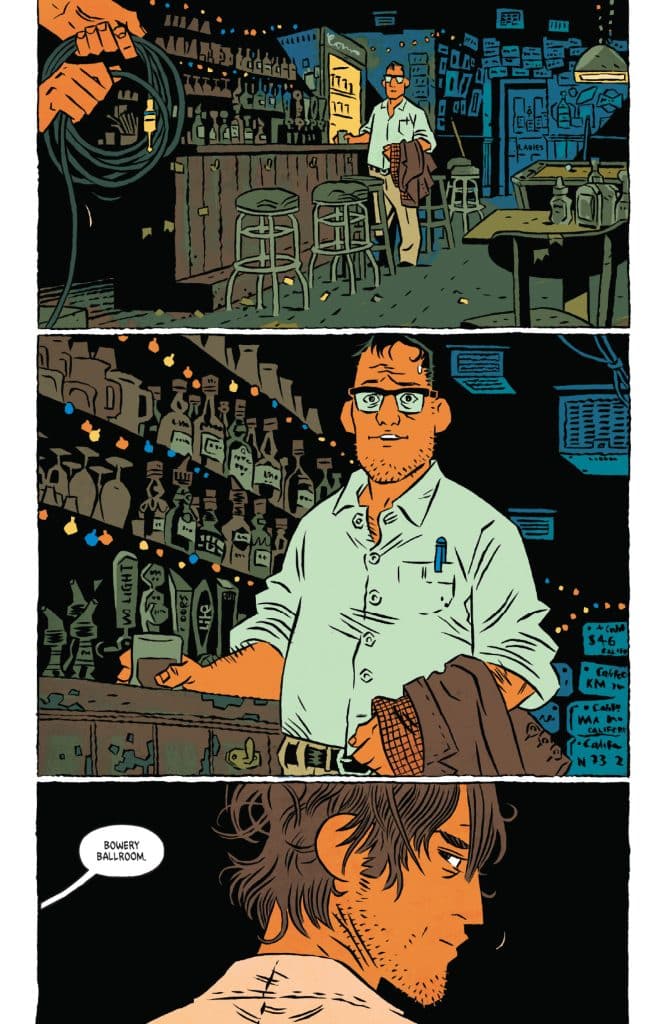 A dimly lit bar scene with a man in a white shirt and glasses standing by the bar, holding a coat. In the background, shelves filled with bottles and various decor create an atmospheric setting.