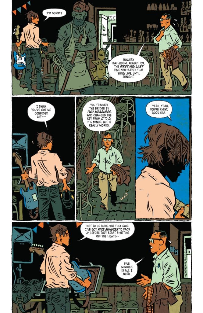 A comic page depicting two characters conversing in a dimly lit venue, with one holding a guitar and the other carrying a drumstick. The background features various music equipment and instruments, and dialogue boxes convey their discussion about a performance.