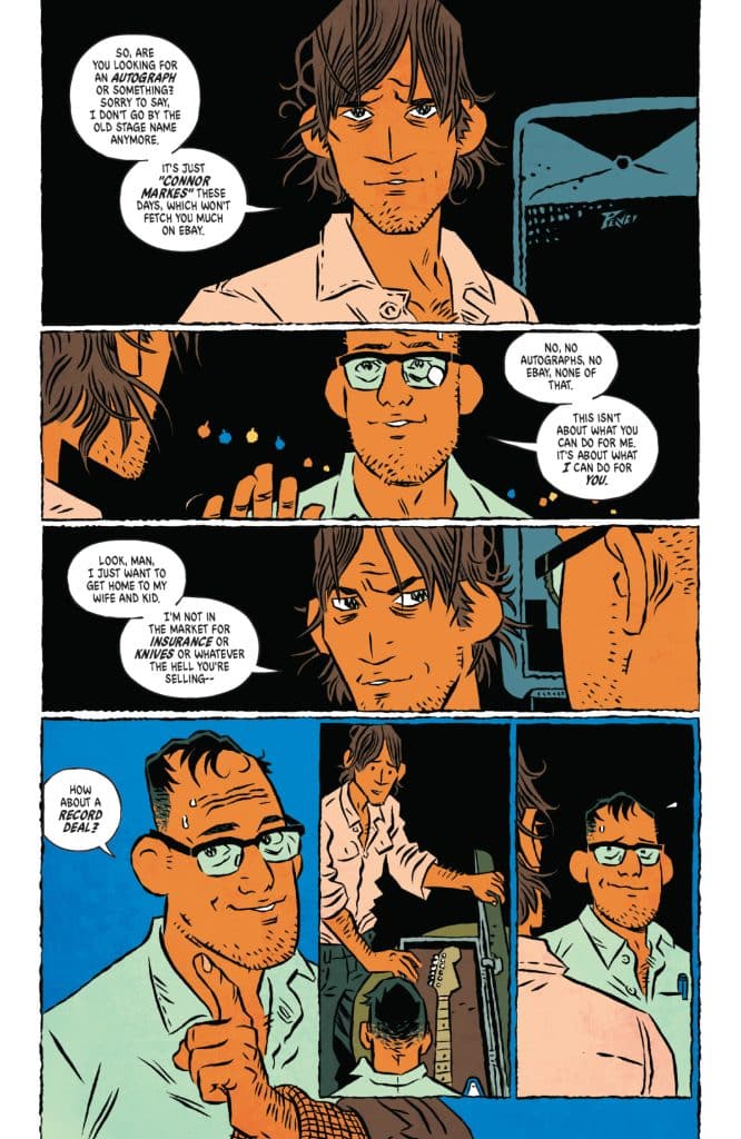 A comic panel featuring two characters in a conversation. One character, with long hair and a casual shirt, is discussing the value of autographs and personal deals. The other character, wearing glasses and smiling, suggests a record deal instead. The background suggests an informal setting.