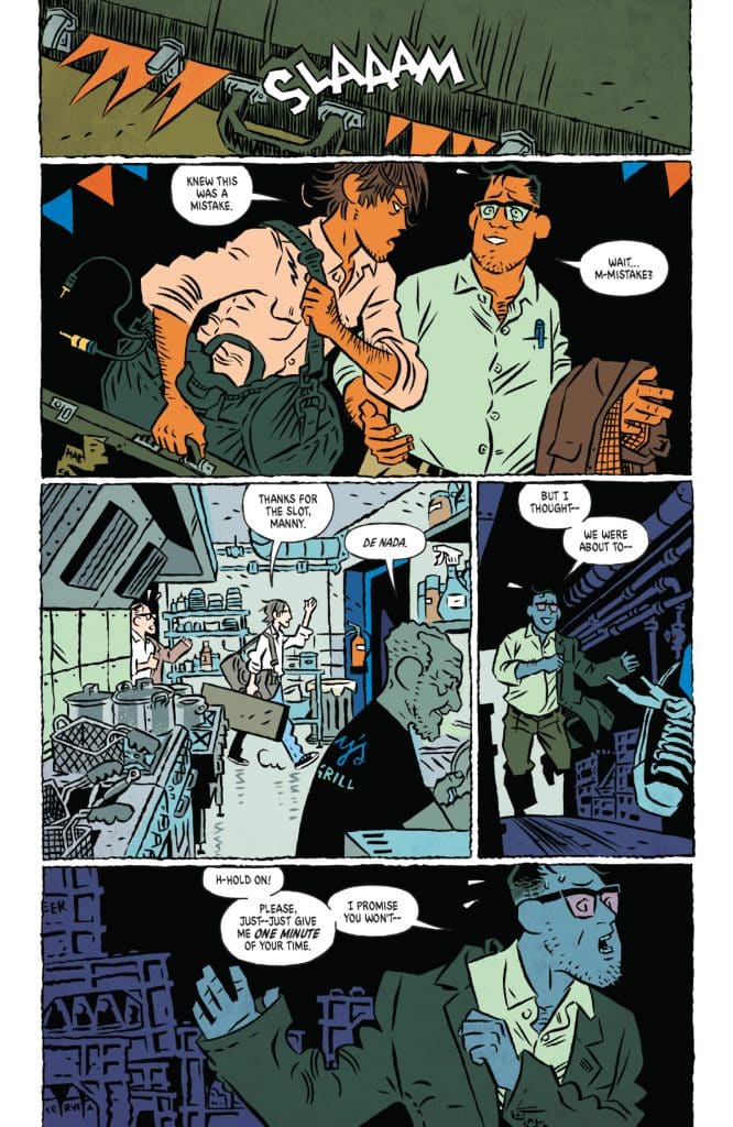 Comic panel depicting a conversation between several characters in a busy kitchen environment, highlighting a moment of tension and misunderstanding.